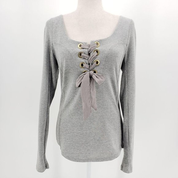 Free People Tops - Free People Thick Long Sleeve Gray Tie Top Medium